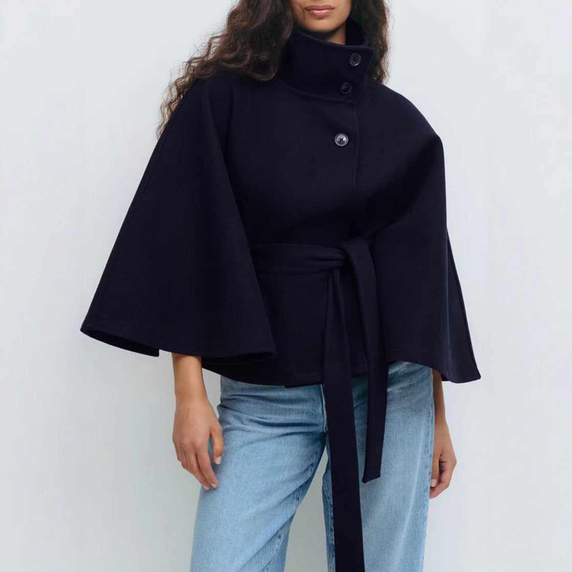 Winter High Neck Batwing Sleeve Coat With Belt