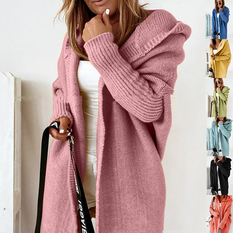 Knitted Hooded Cardigan Solid Color Batwing Sleeve Sweater