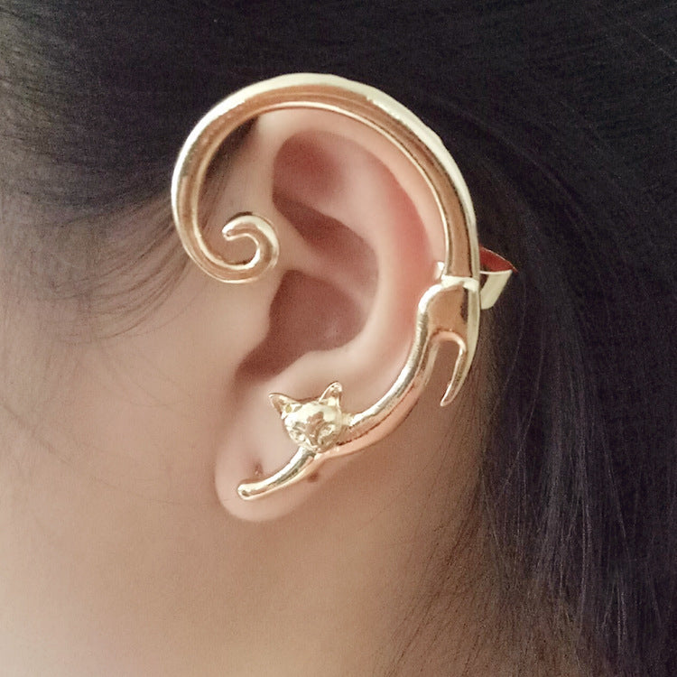 Punk Style Cat Post Earring with Ear Cuff Animal Stud Earring