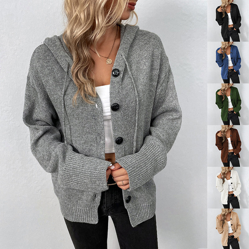 Single-breasted Hooded Sweater Women's Solid Color Cardigan