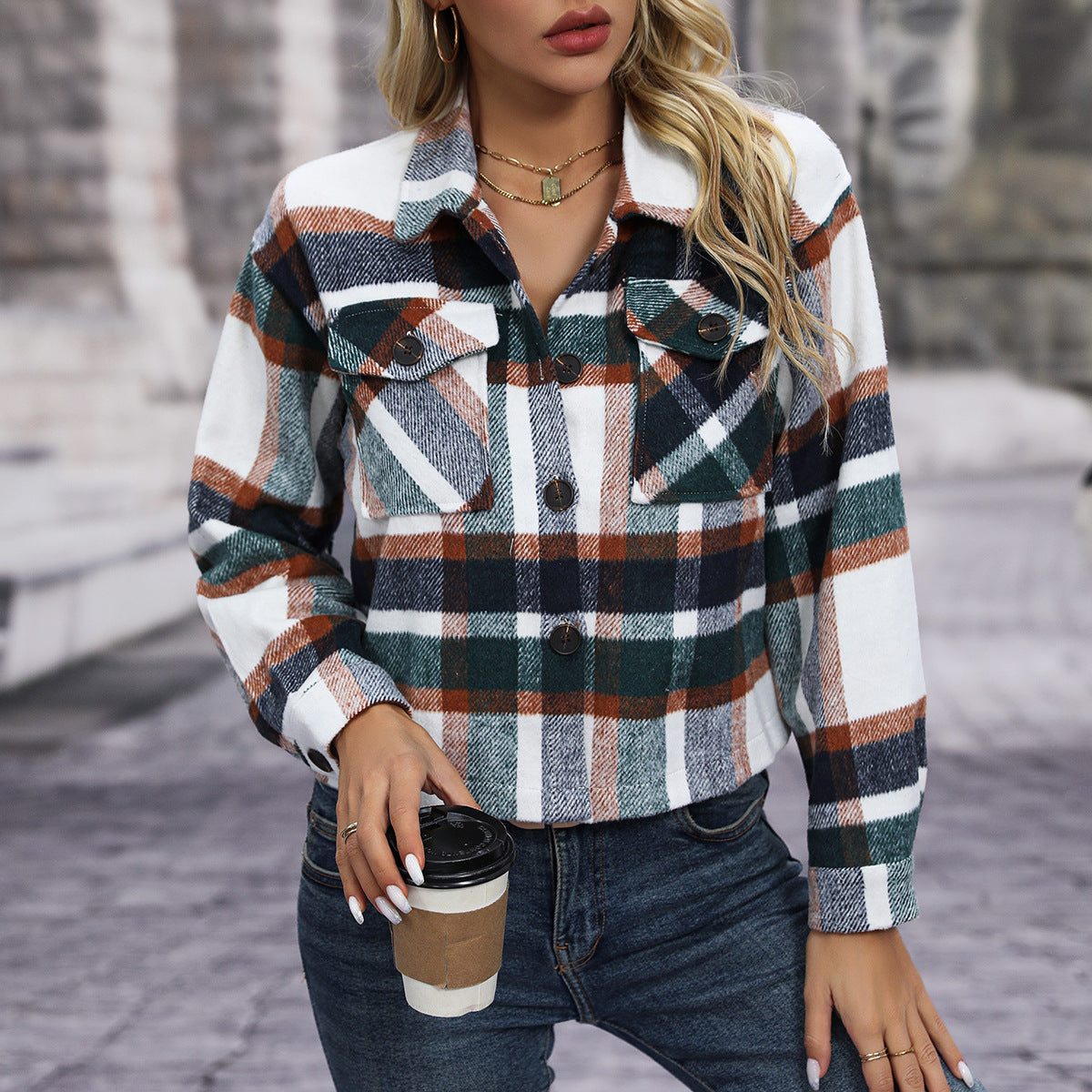 Women's Casual Plaid Woolen Short Coat