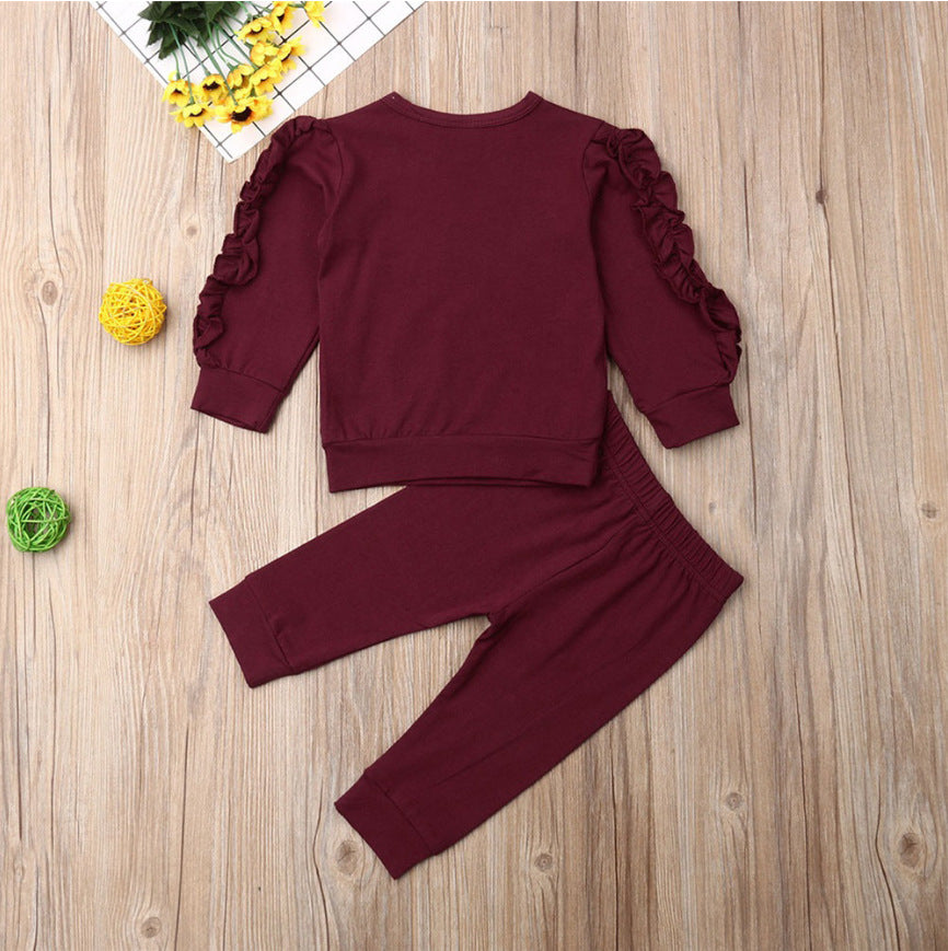 Unisex Ruffles Jumper Solid Long Sleeve Sweatshirt 2Pc Outfit