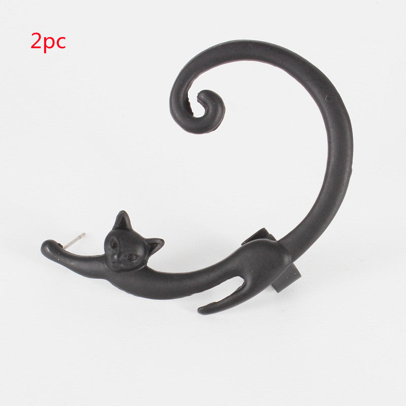 Punk Style Cat Post Earring with Ear Cuff Animal Stud Earring