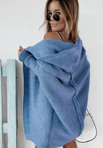 Knitted Hooded Cardigan Solid Color Batwing Sleeve Sweater
