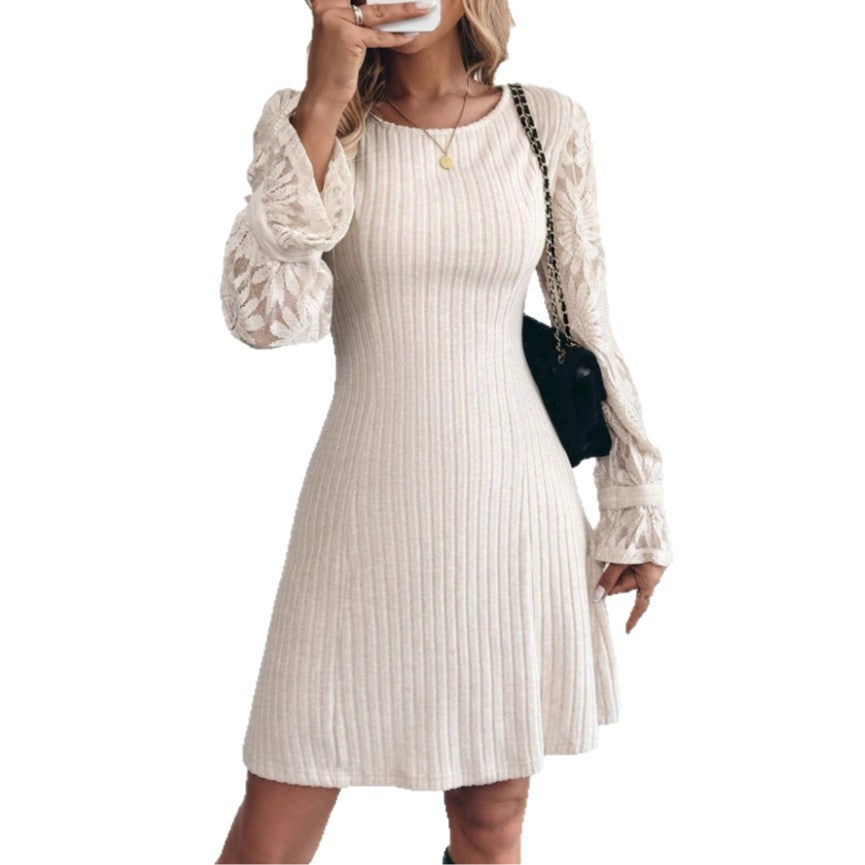 Long Sleeve Knitted Lace Trim Dress