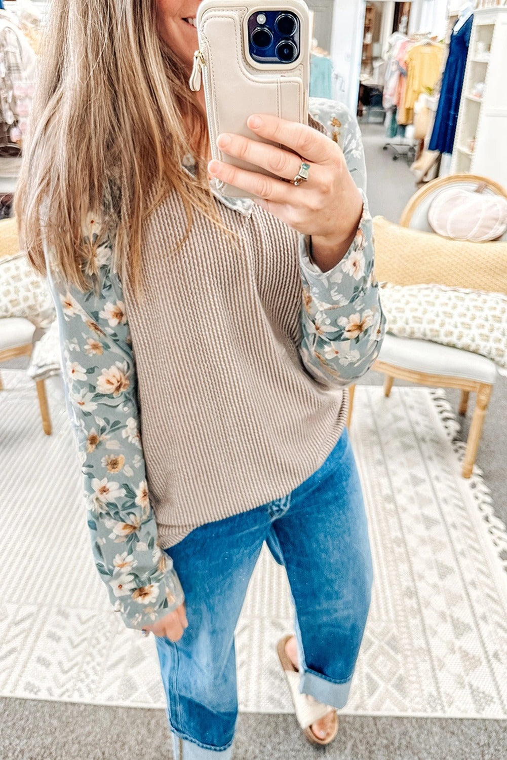Ribbed Floral Patchwork Long Sleeve Top