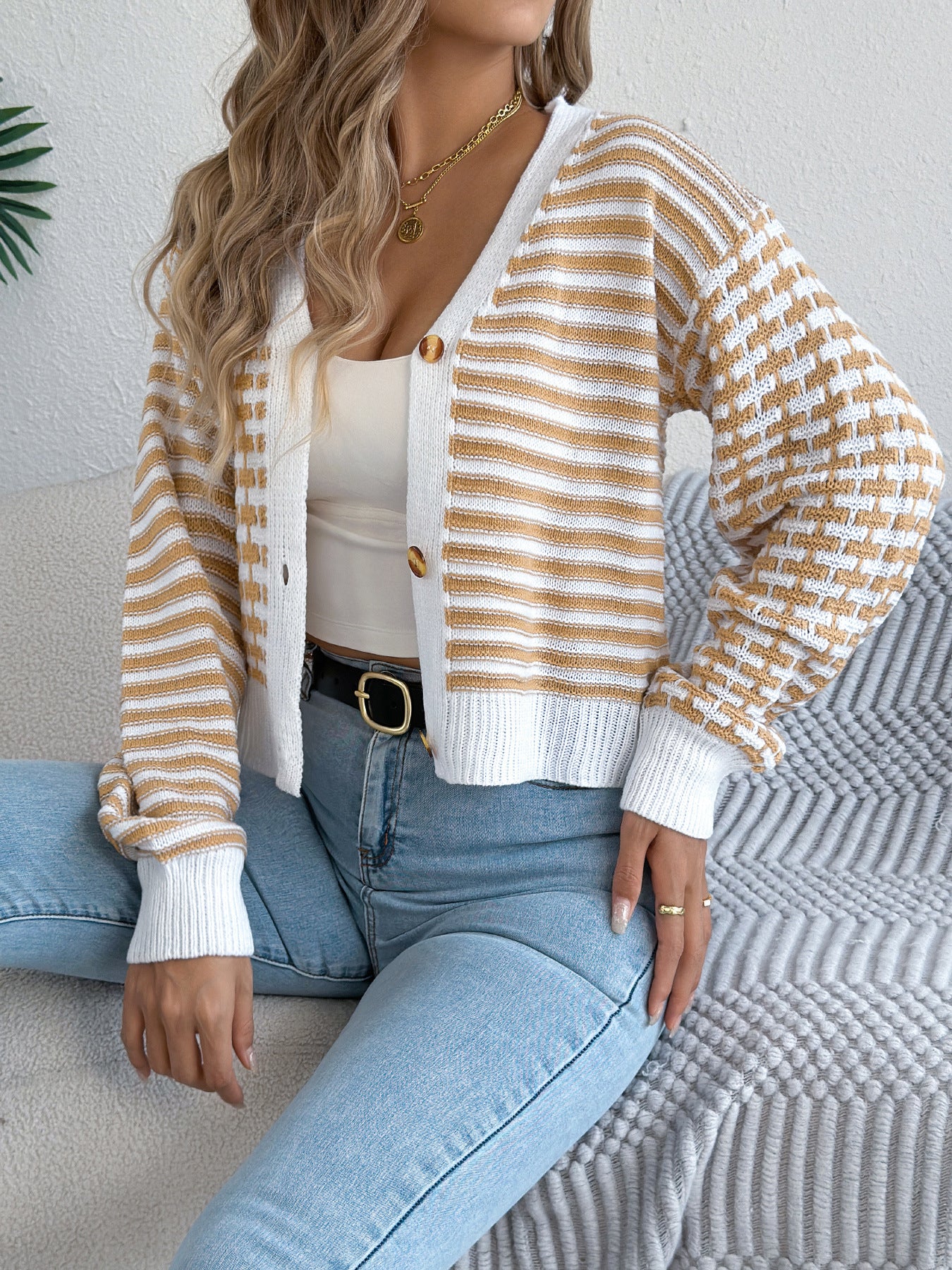 Color-blocked Striped Cardigan Short Coat Sweater
