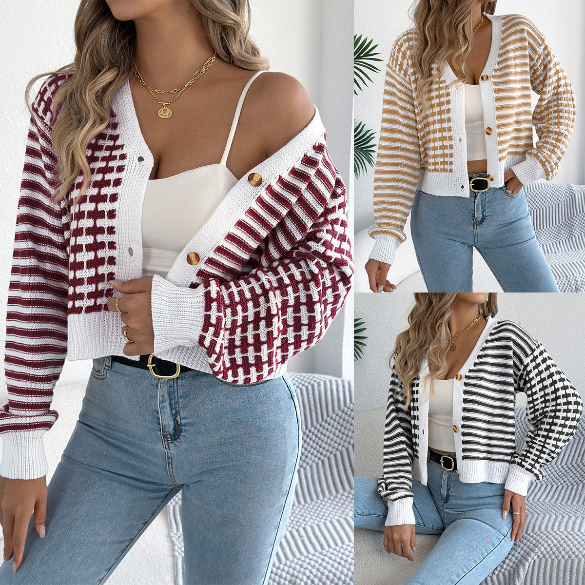 Color-blocked Striped Cardigan Short Coat Sweater