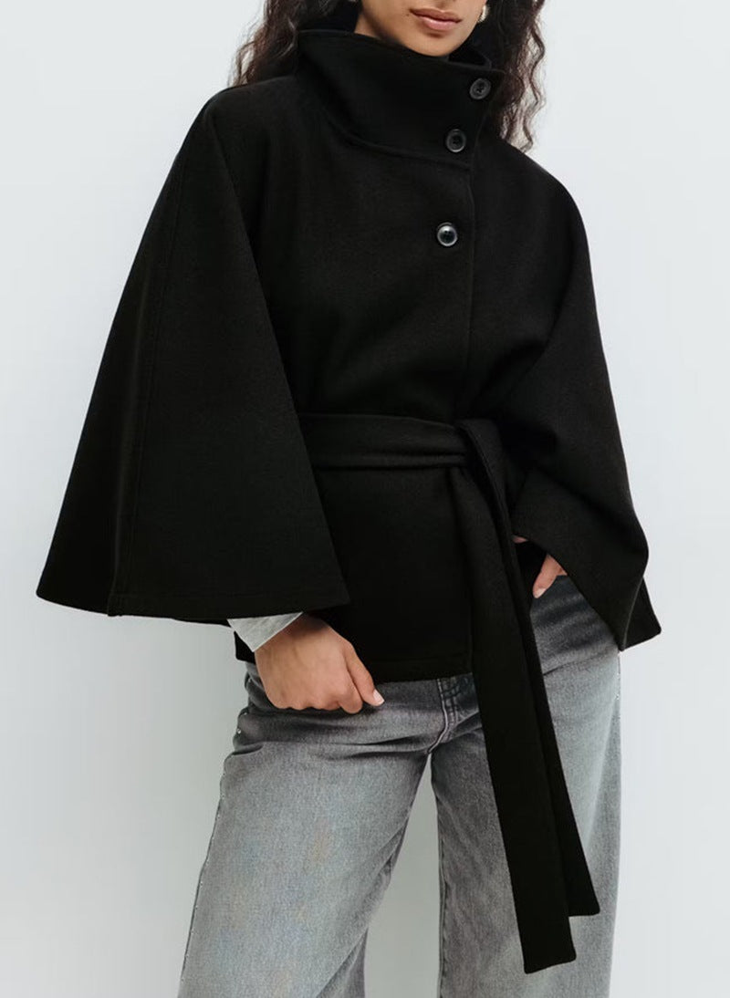 Winter High Neck Batwing Sleeve Coat With Belt