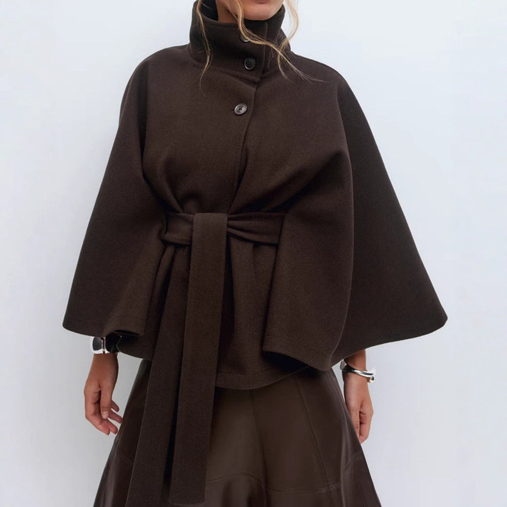 Winter High Neck Batwing Sleeve Coat With Belt