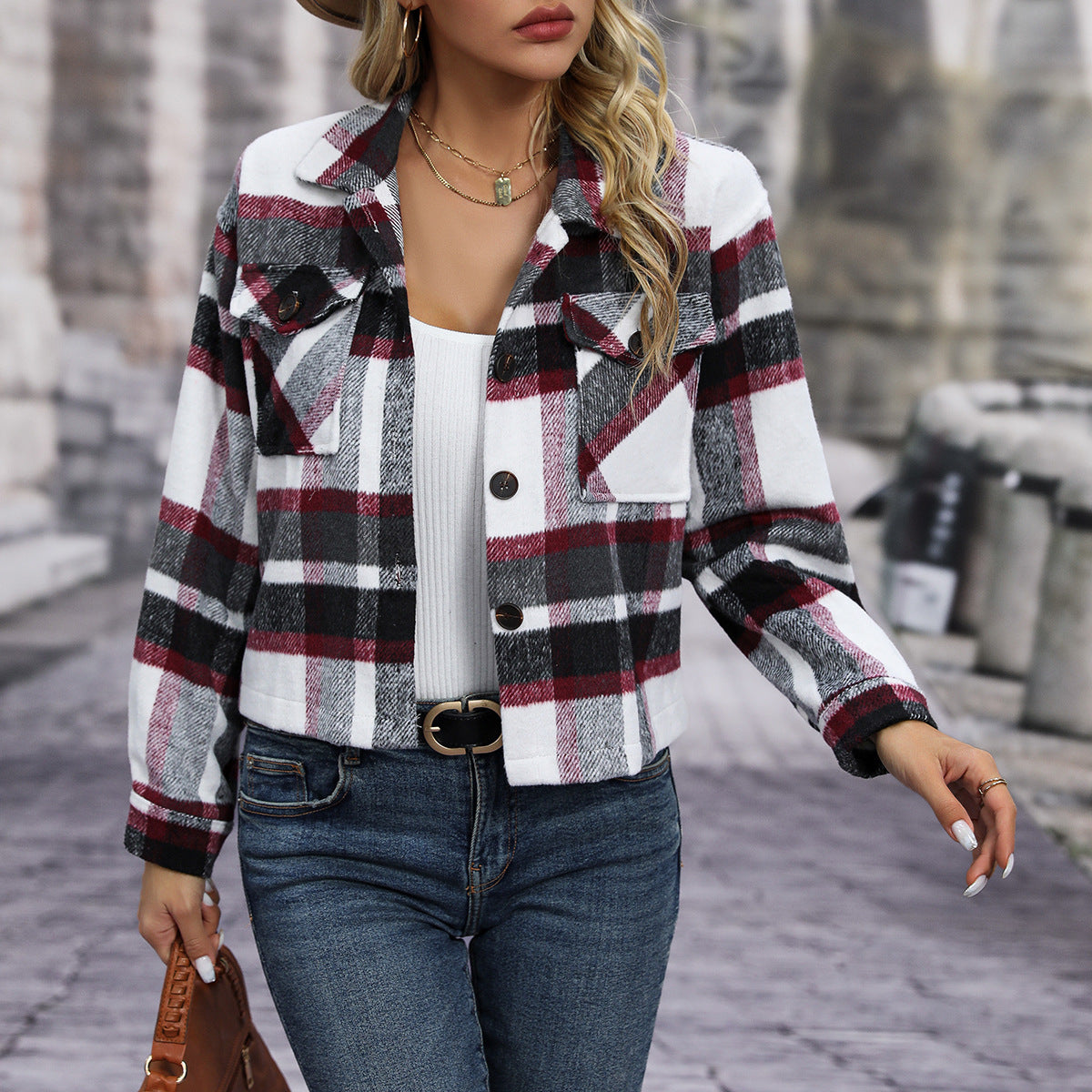 Women's Casual Plaid Woolen Short Coat