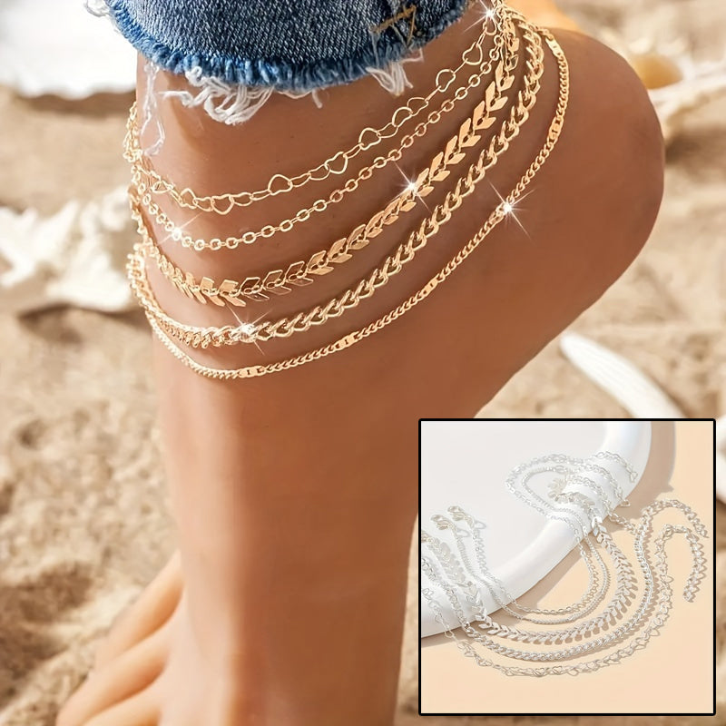5Pcs Anklet Chain Heart-shaped Jewelry Design