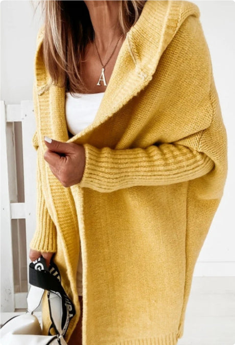Knitted Hooded Cardigan Solid Color Batwing Sleeve Sweater