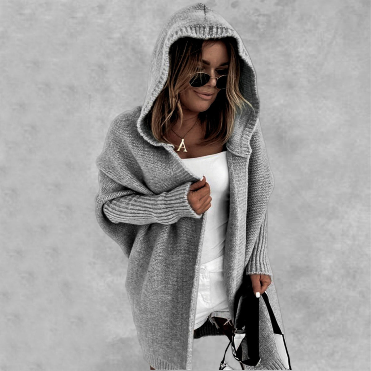 Knitted Hooded Cardigan Solid Color Batwing Sleeve Sweater