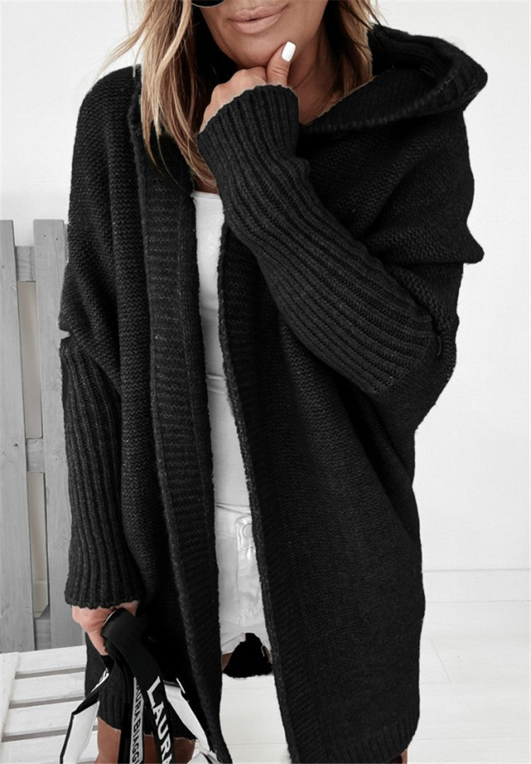Knitted Hooded Cardigan Solid Color Batwing Sleeve Sweater