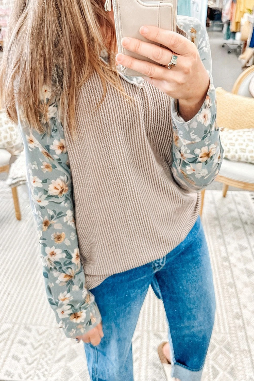 Ribbed Floral Patchwork Long Sleeve Top