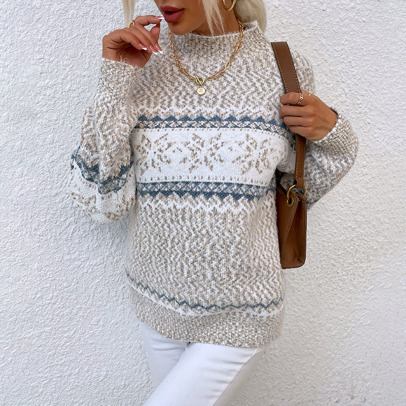 Winter Snowflake Half Turtleneck Pullover Knitted Sweater