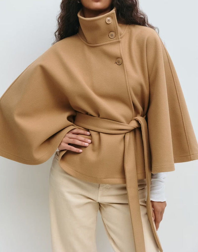 Winter High Neck Batwing Sleeve Coat With Belt