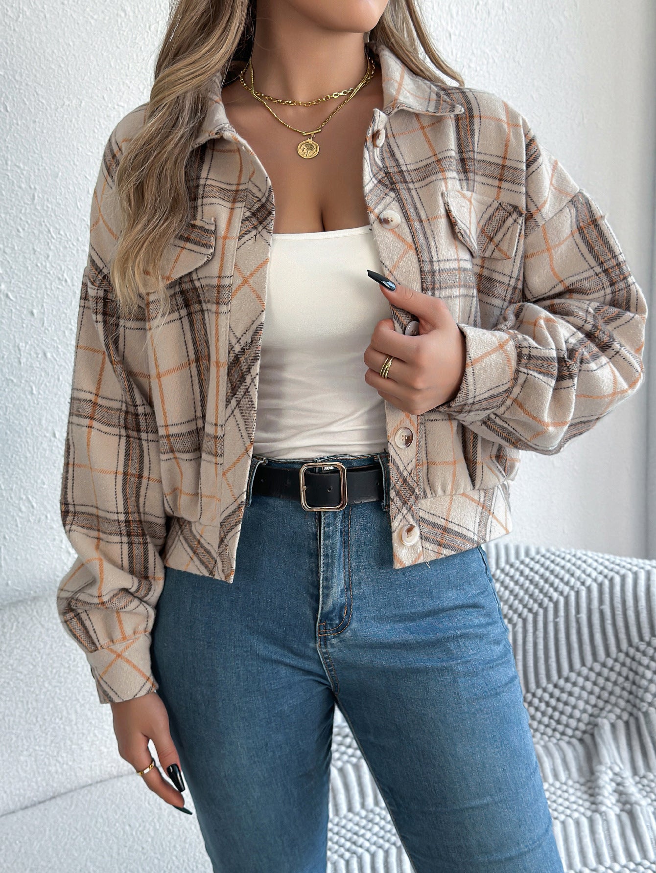 Casual Plaid Long Sleeve Woolen Jacket