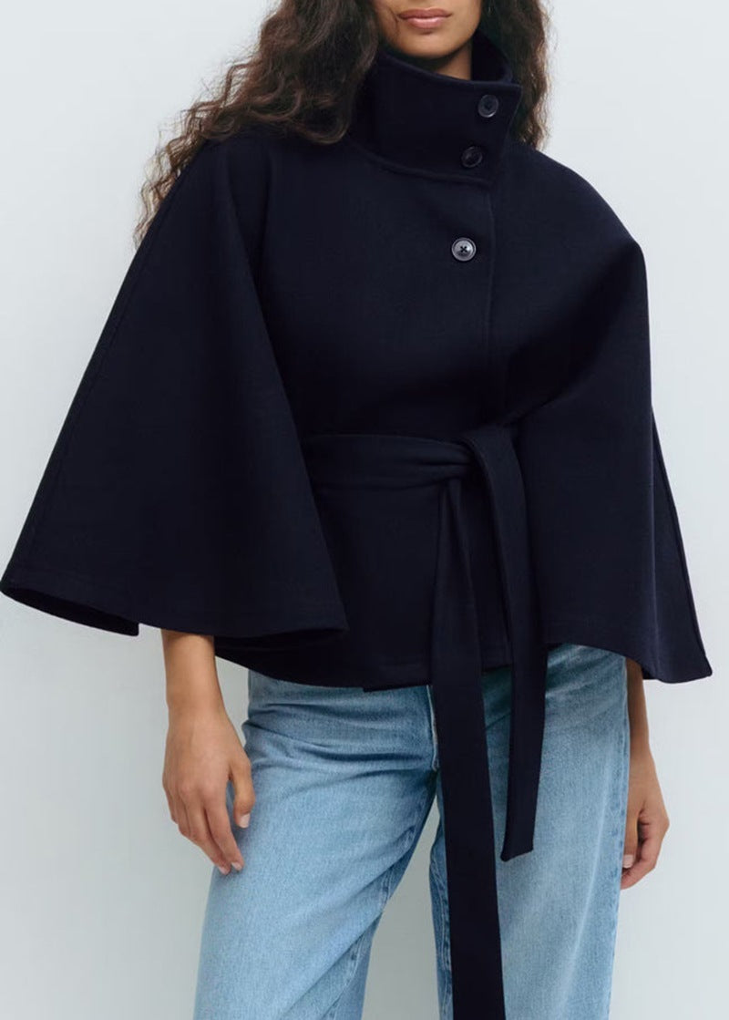 Winter High Neck Batwing Sleeve Coat With Belt