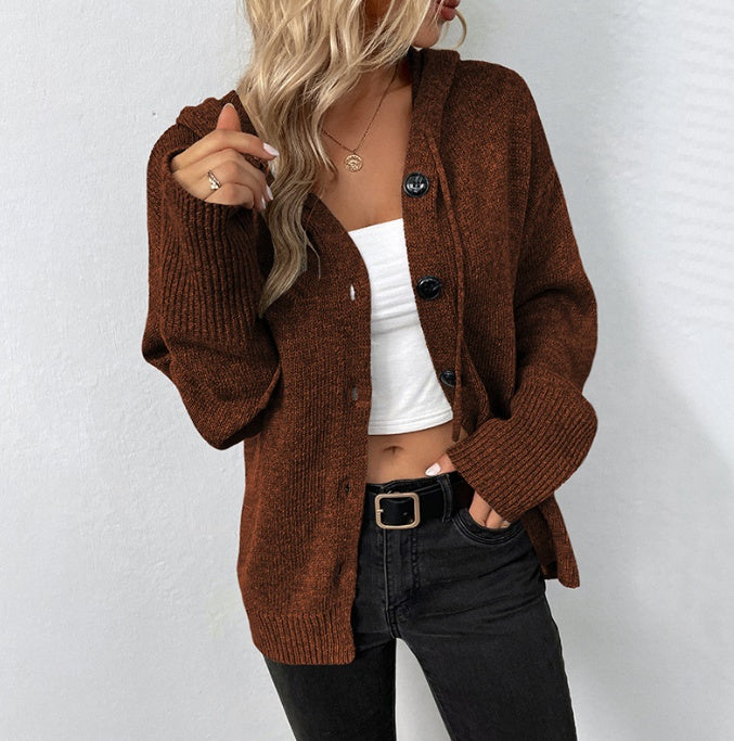 Single-breasted Hooded Sweater Women's Solid Color Cardigan