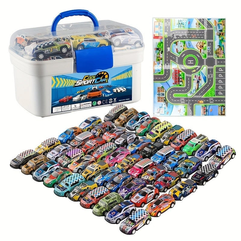 50-piece Metal Toy Car Set With Storage Box And Foldable Play Mat