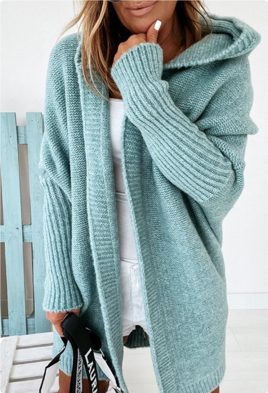 Knitted Hooded Cardigan Solid Color Batwing Sleeve Sweater
