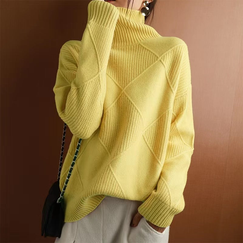 Women's Knitted Loose High Collar Warm Sweater Solid Color