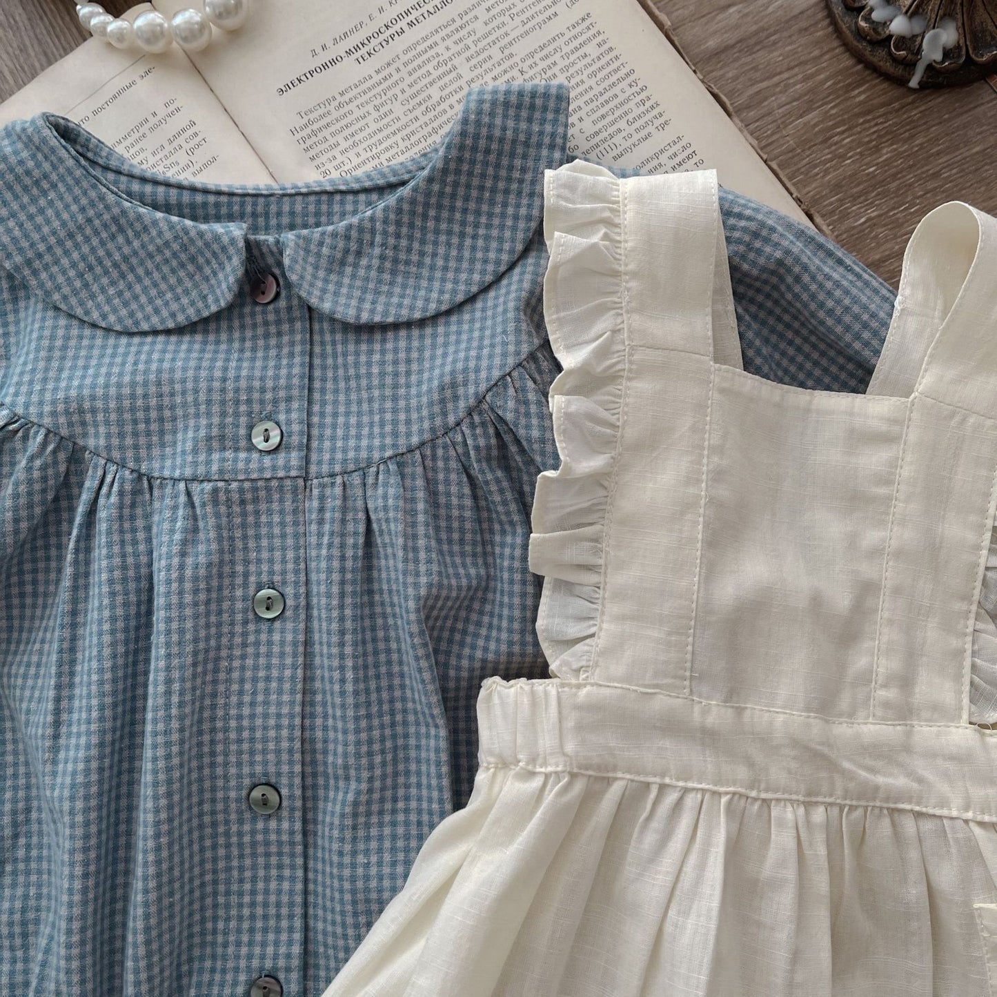 Infant Single-breasted Long Sleeve Plaid Romper Overskirt