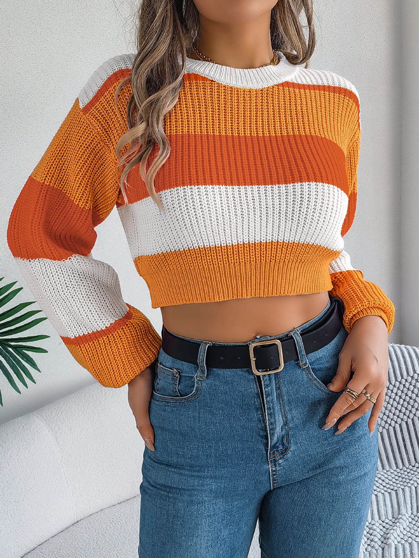 Casual Color-Block Cropped Sweater