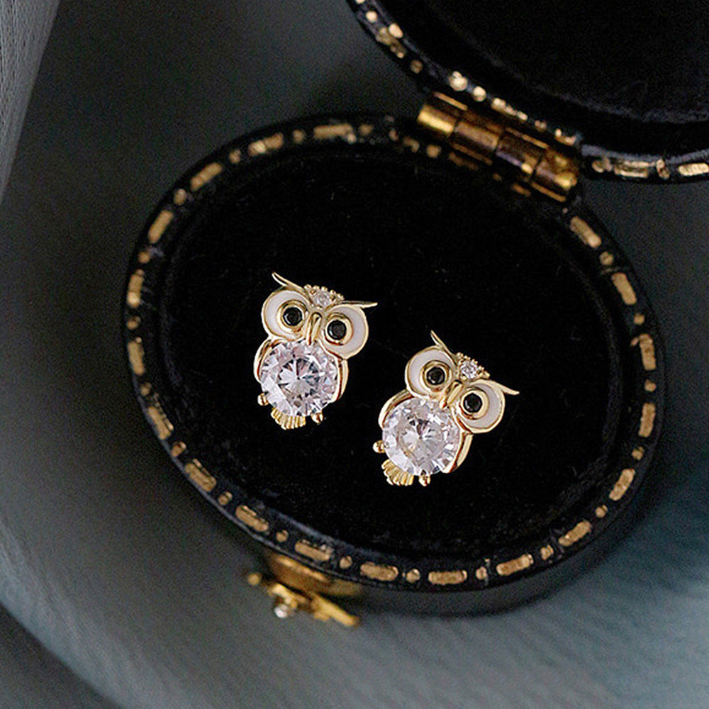 Owl Stud Earrings Diamond Zircon