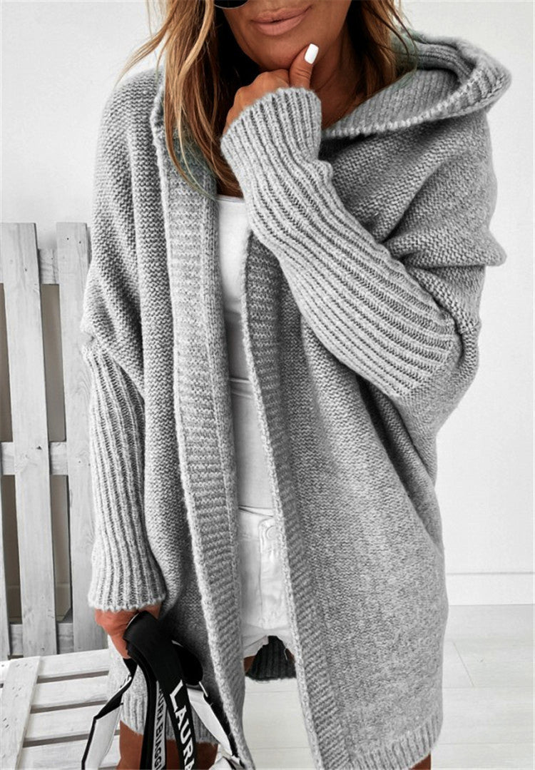 Knitted Hooded Cardigan Solid Color Batwing Sleeve Sweater