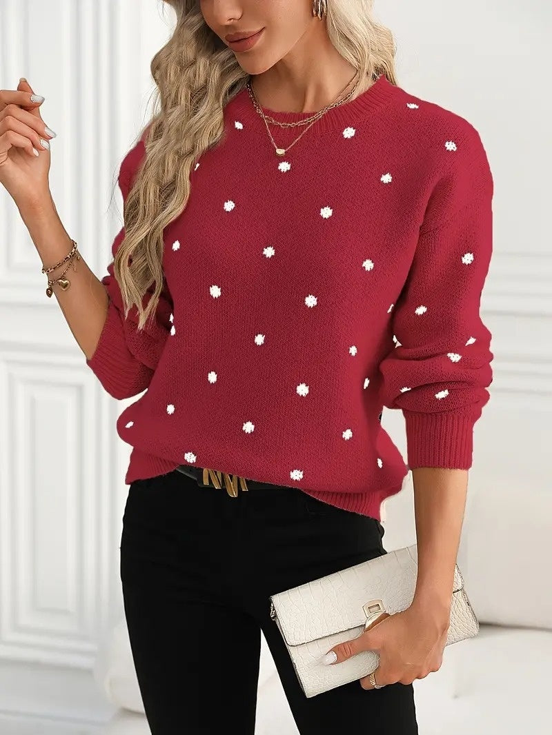 Polka Dot Print Pullover Knitted Sweater