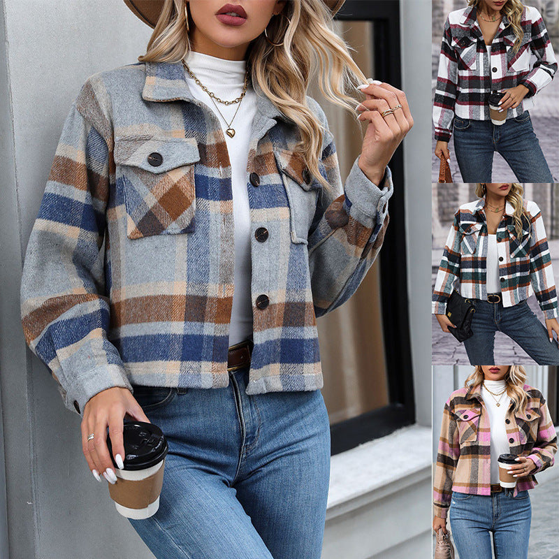 Women's Casual Plaid Woolen Short Coat