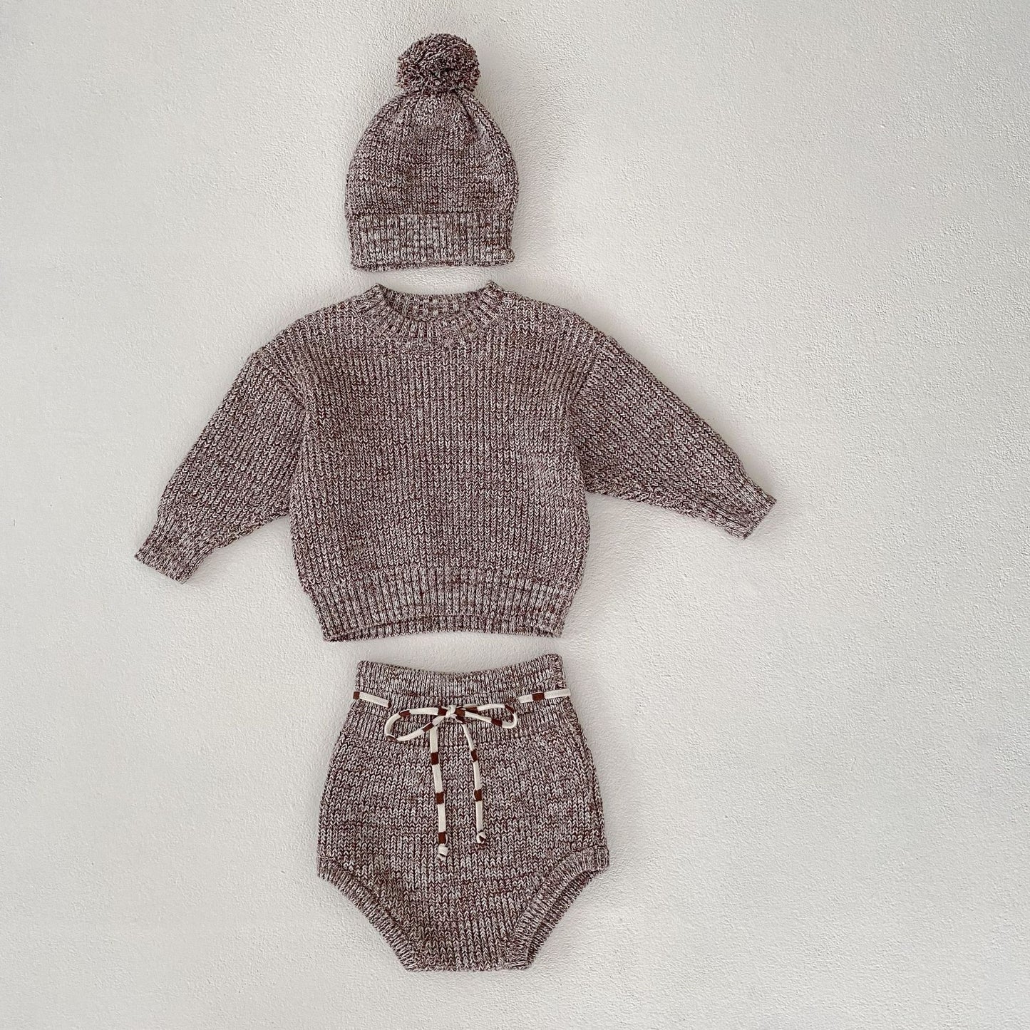 Mixed Color Thick Needle Pullover Pants with Fur Ball Knitted Hat 3-piece Set