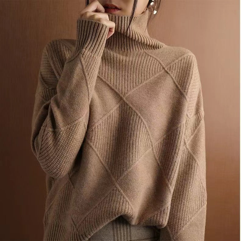 Women's Knitted Loose High Collar Warm Sweater Solid Color