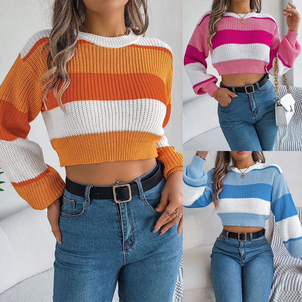 Casual Color-Block Cropped Sweater