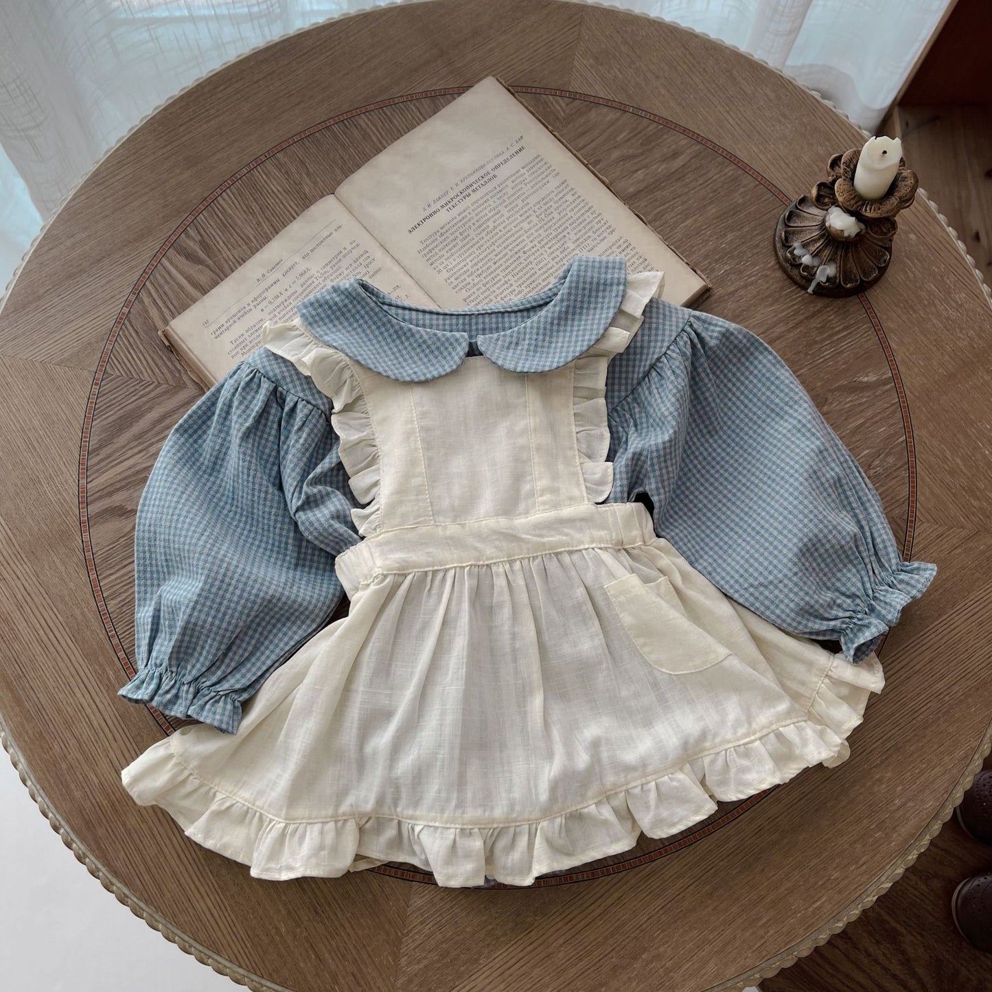Infant Single-breasted Long Sleeve Plaid Romper Overskirt