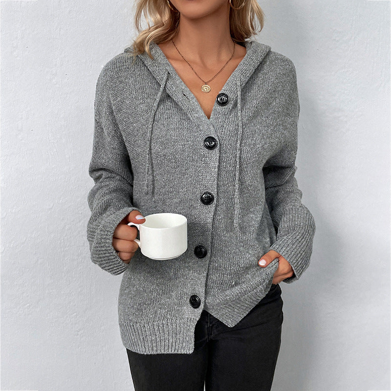 Single-breasted Hooded Sweater Women's Solid Color Cardigan