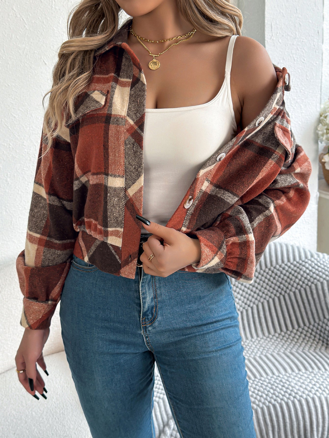 Casual Plaid Long Sleeve Woolen Jacket
