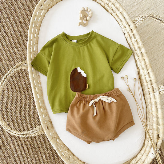 Casual Round Neck Cotton Short Sleeve Shorts Suit