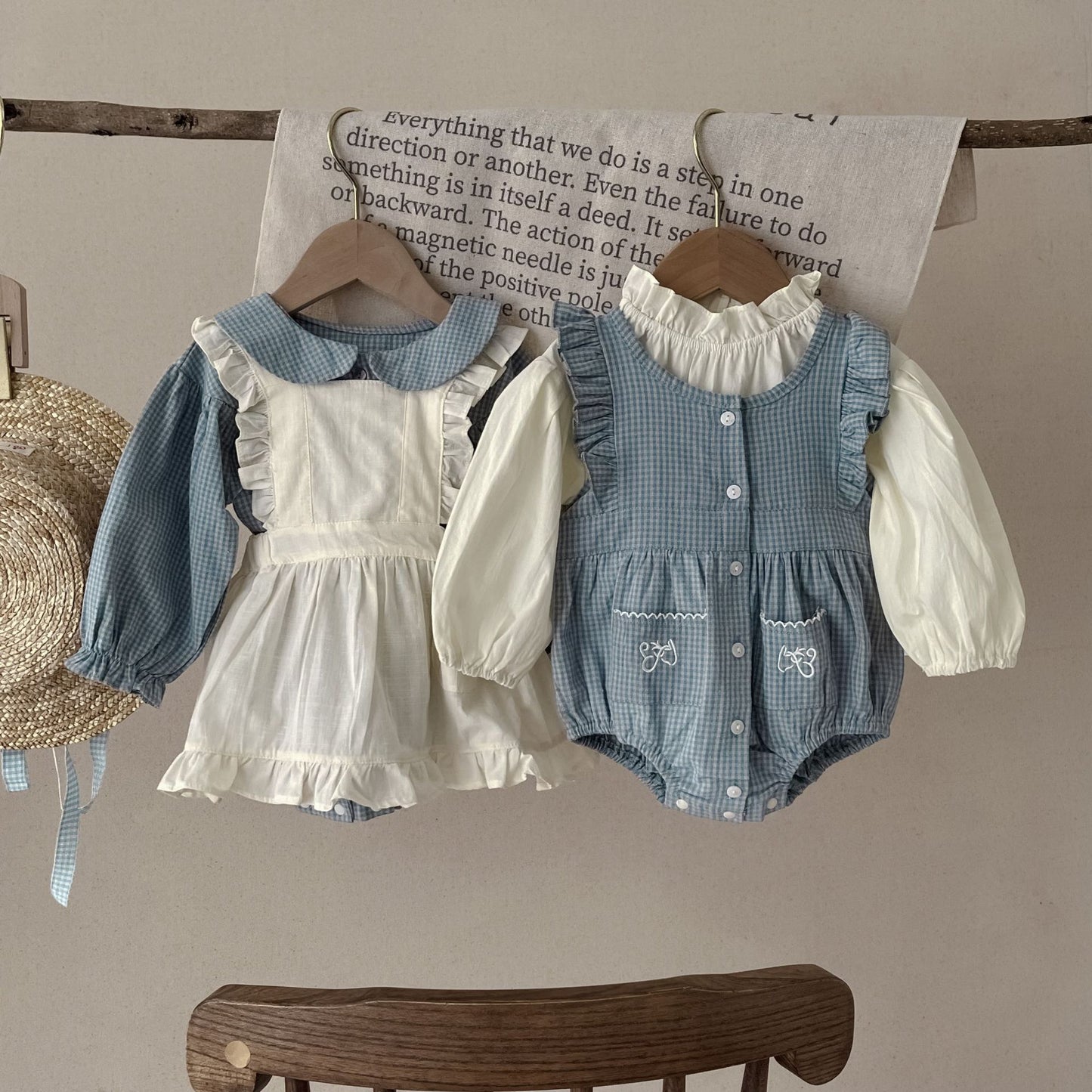 Infant Single-breasted Long Sleeve Plaid Romper Overskirt