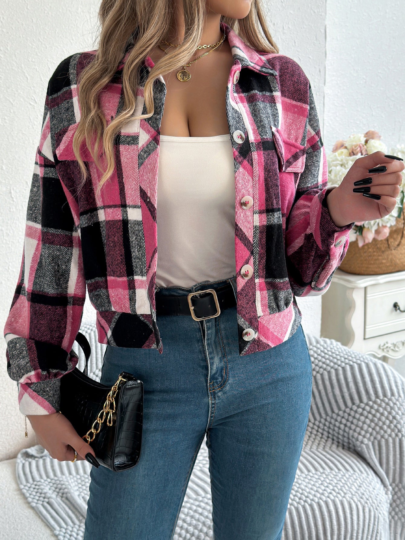 Casual Plaid Long Sleeve Woolen Jacket