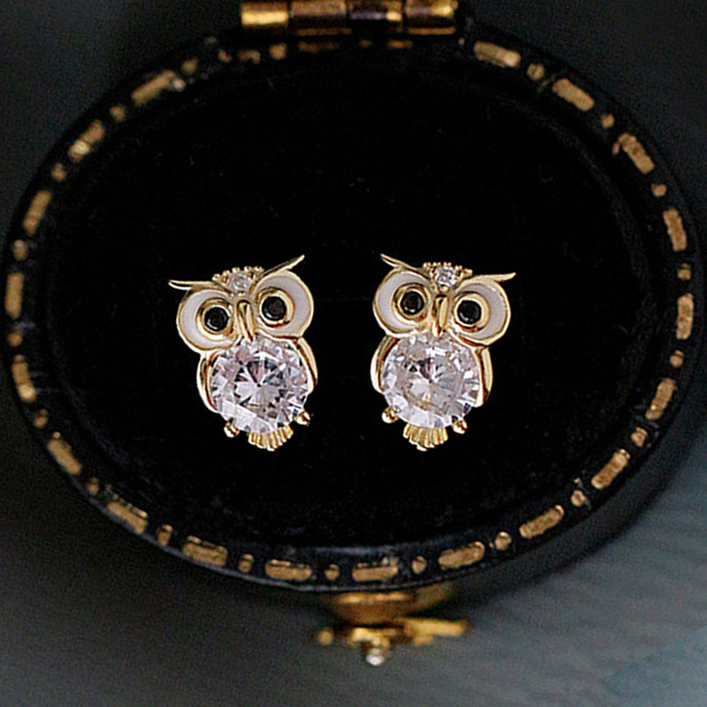Owl Stud Earrings Diamond Zircon