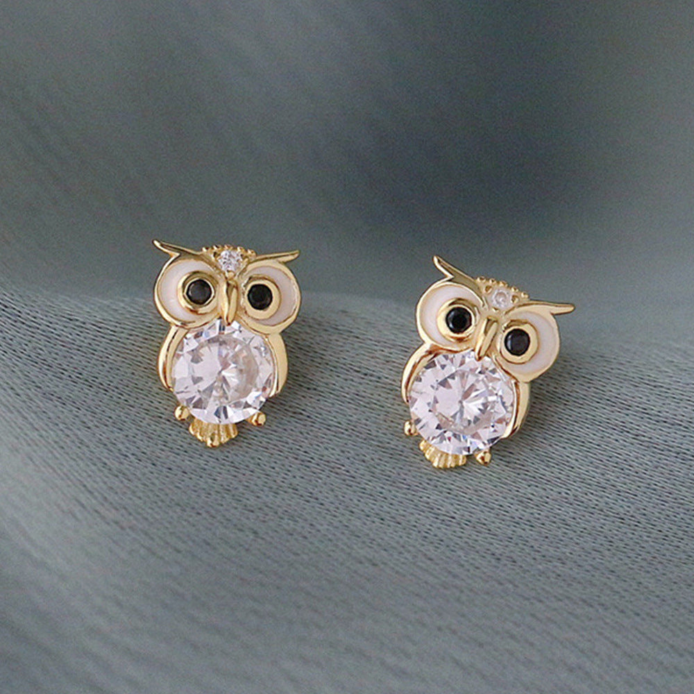 Owl Stud Earrings Diamond Zircon